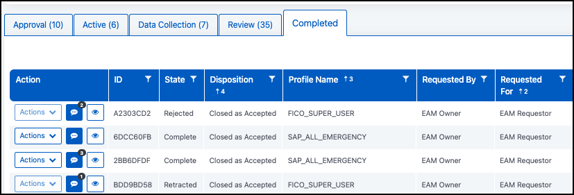 Completed tab of the EAM Dashboard displaying requests with the Closed as Accepted disposition.