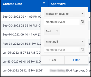 Menu with query fields used to filter the Created Date column.