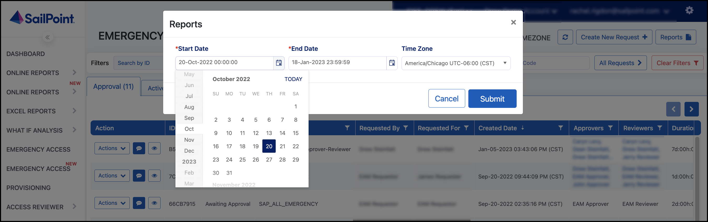 Calendar with the dates selected for the timeframe to generate reports.