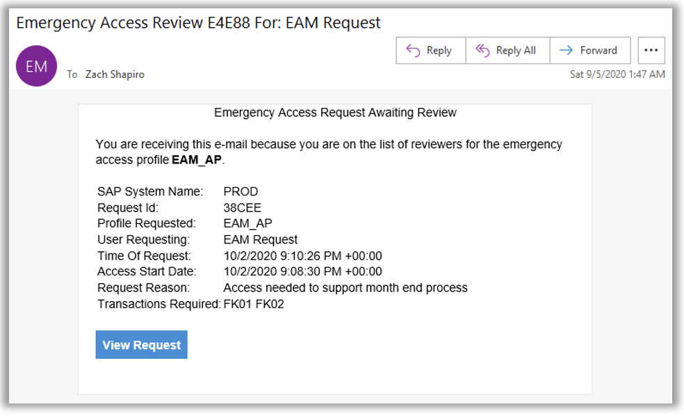 Email notifying the recipient that their review is needed for an emergency access request.