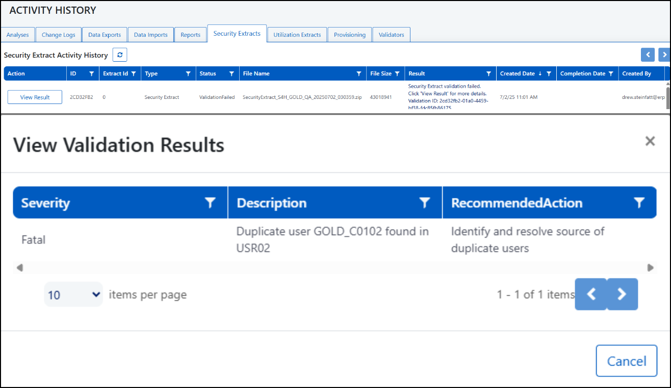 Validation Results showing an error with fatal severity, along with a description and recommended action.