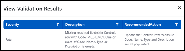 Validation Results showing an error with fatal severity, along with a description and recommended action.