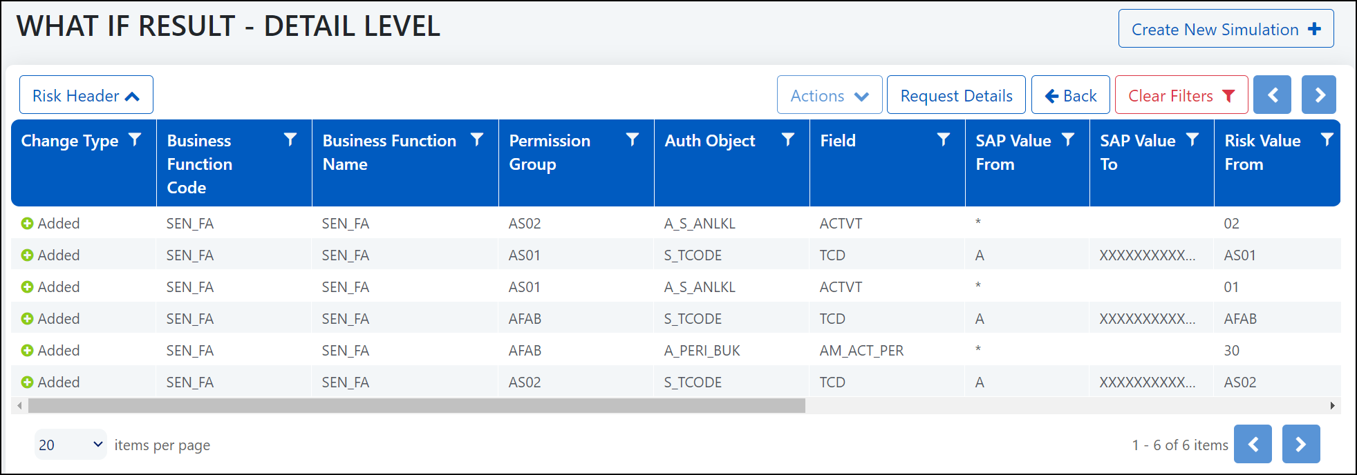 What If result detail page shows a table of completed simulations