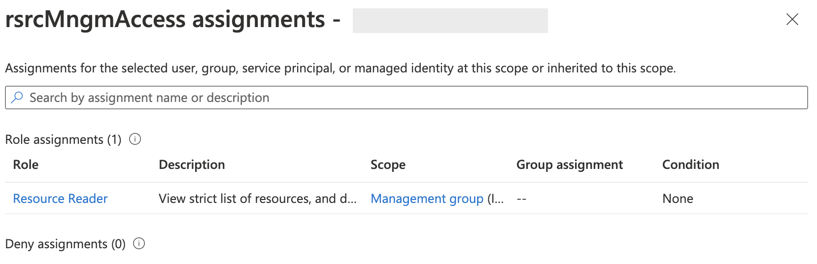 Role assignments showing the resource reader role in the Management Group scope.