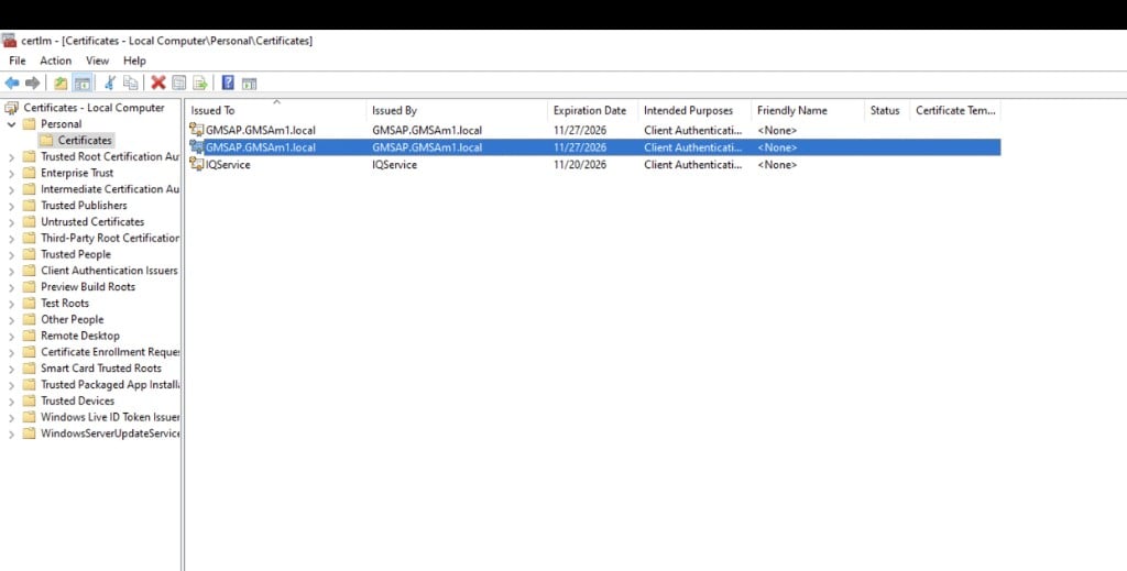Certificate Manager showing Personal Certificates store on the local computer.