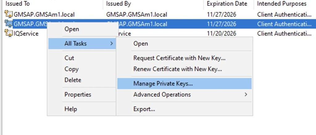 Certificate context menu with All tasks and Manage private keys selected.