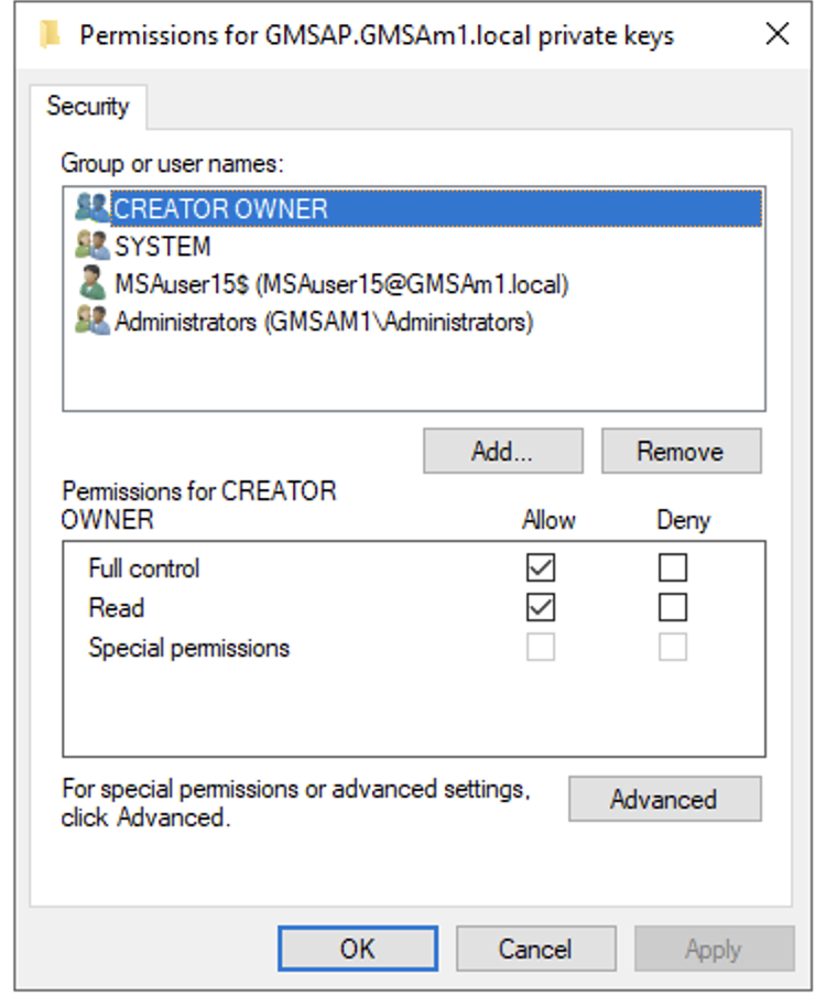 Permissions dialog for certificate private keys with Add selected.