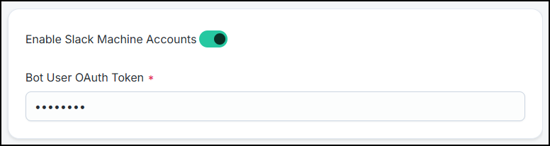 Machine Identity Governance Settings with the Enable Slack Machine Accounts toggle on and the Bot User OAuth Token field