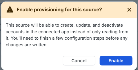 Enable provisioning for this source window with Cancel and Enable buttons