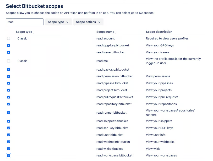 Bitbucket read scopes selected, with Classic scopes cleared