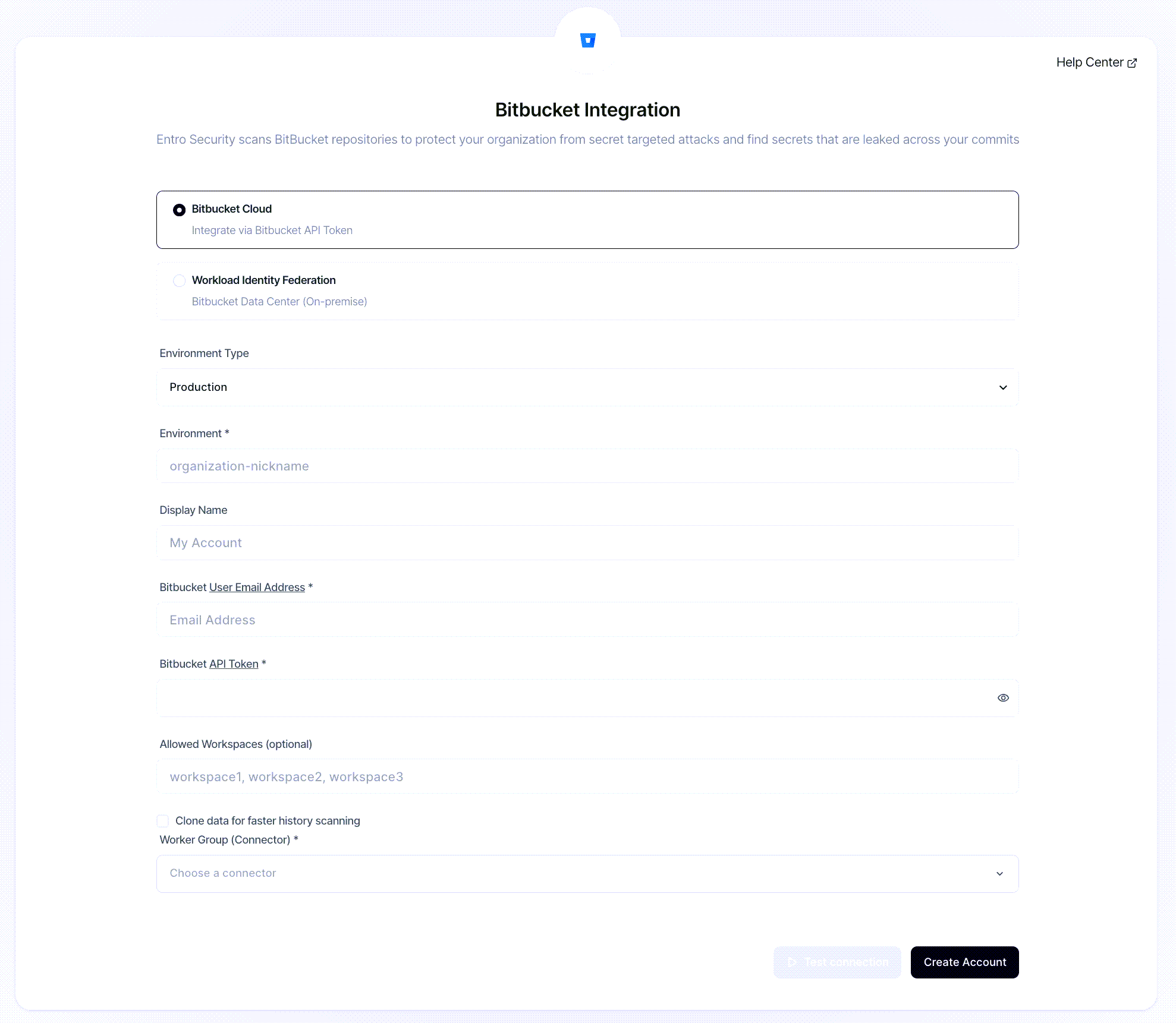 Bitbucket Integration form with Bitbucket Cloud selected