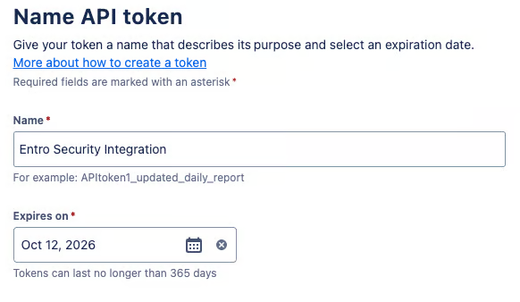 Name API token form with an expiration date