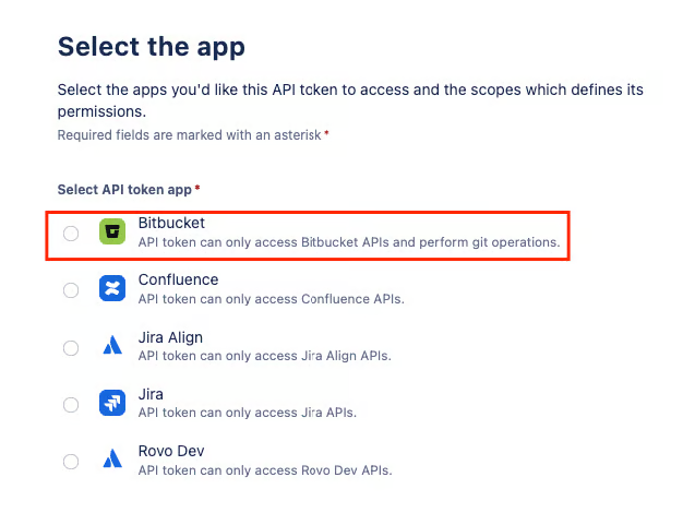 Select the Bitbucket app for the API token
