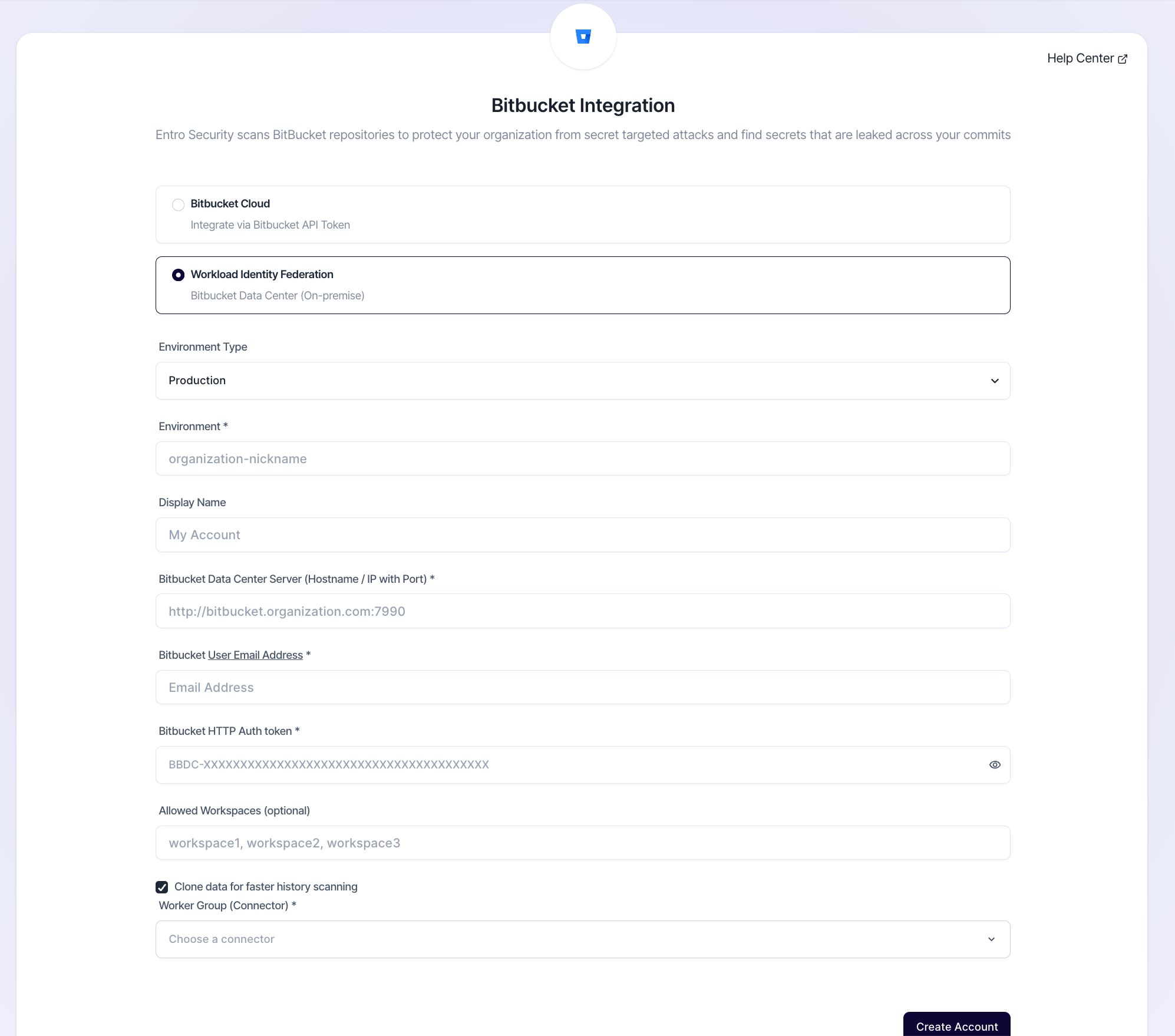 Bitbucket Integration form with Workload Identity Federation selected