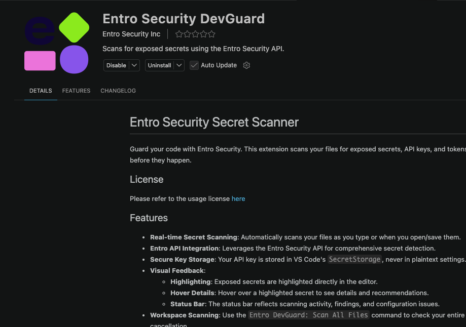 Entro DevGuard on the Visual Studio Code Marketplace