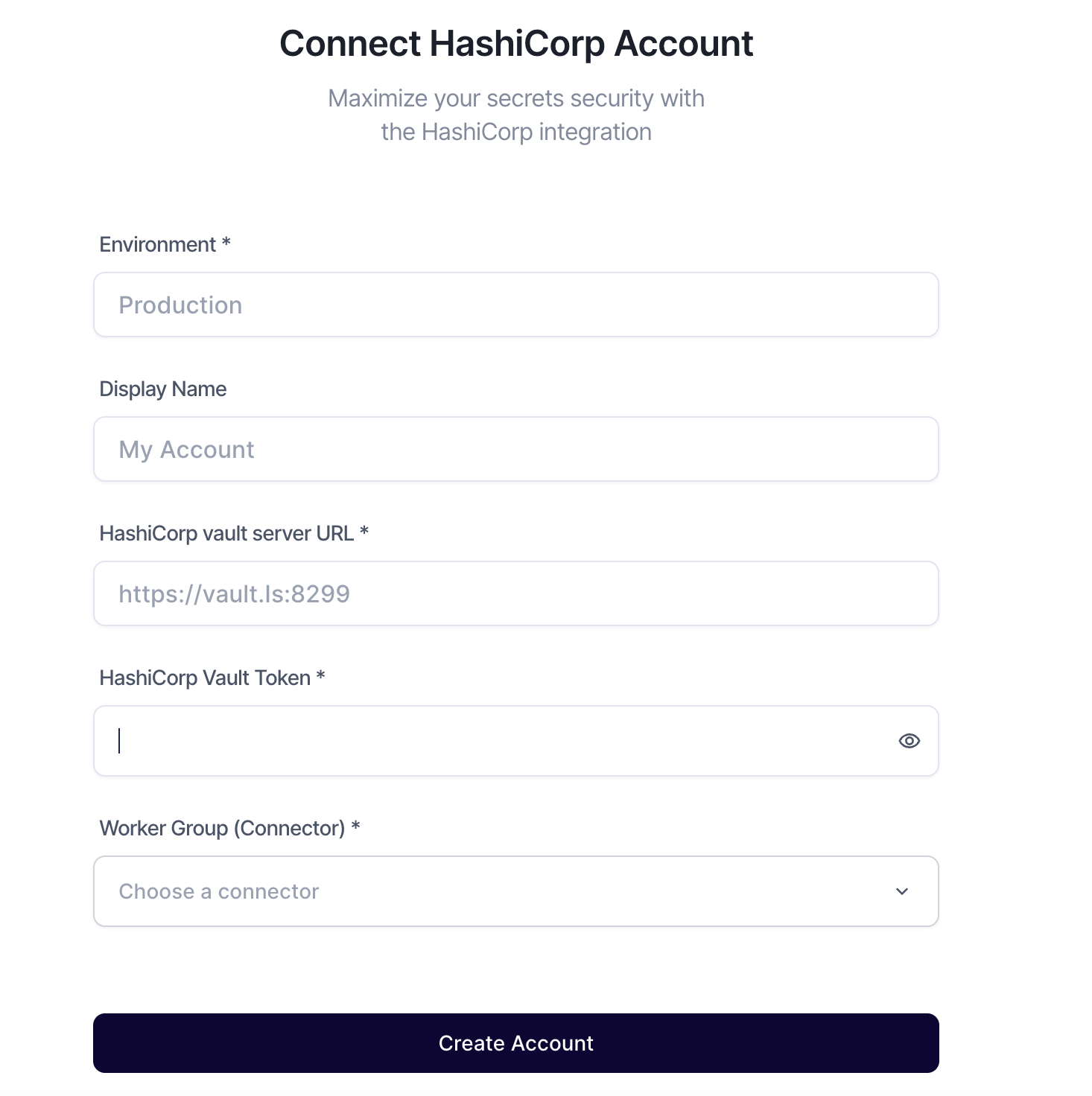 Connect HashiCorp Account form