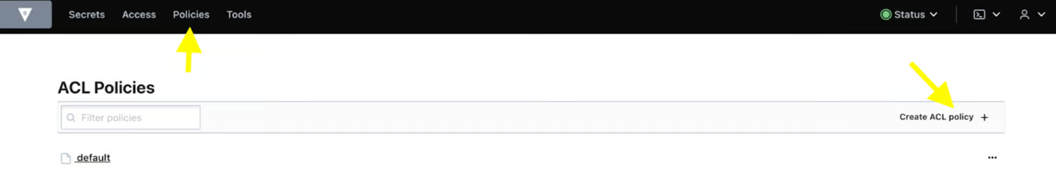 HashiCorp Vault Policies menu and Create ACL policy button