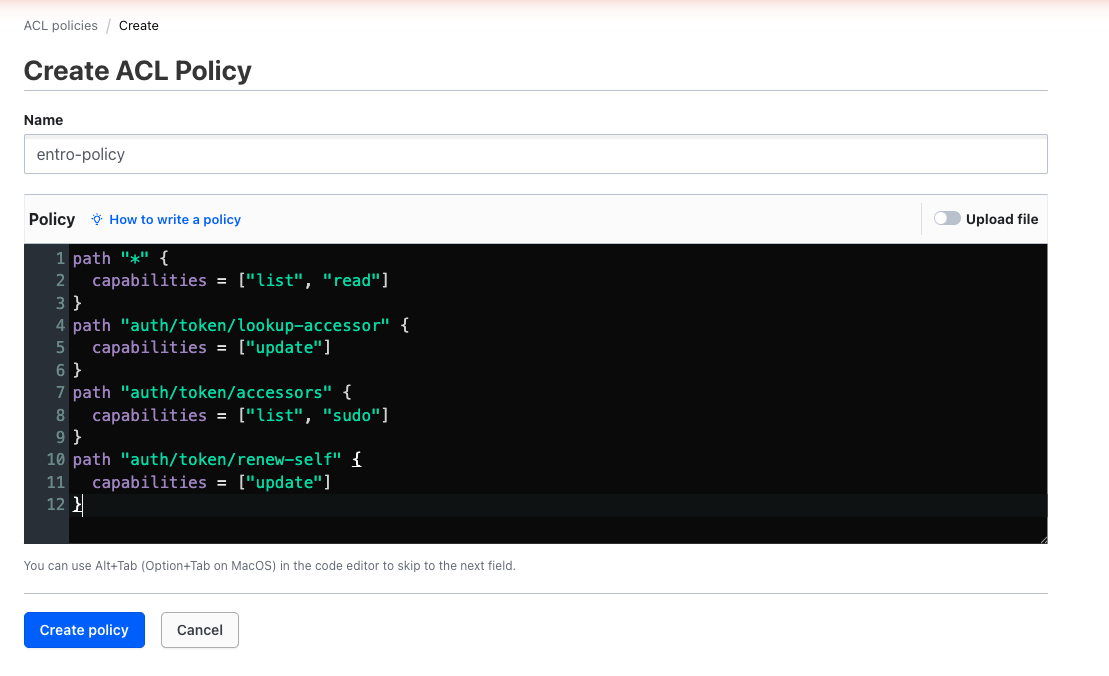 Create ACL Policy form with the entro-policy name and read permissions