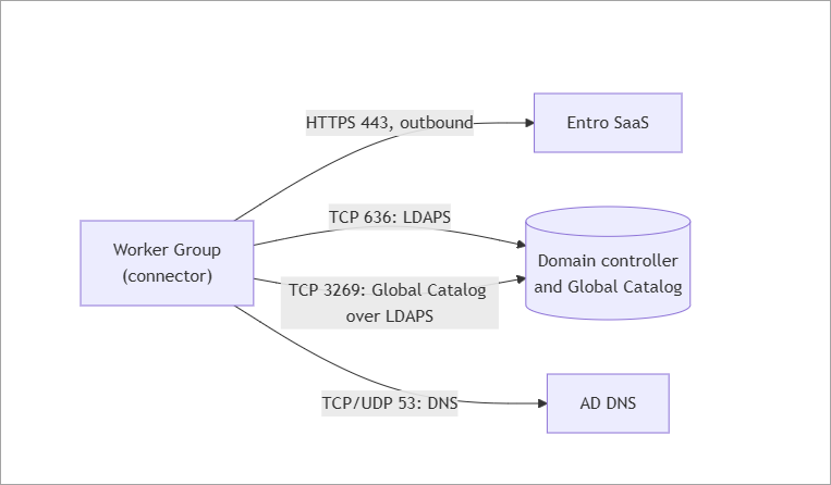 Worker Group connector architecture showing outbound HTTPS to Entro SaaS, LDAPS and Global Catalog to the domain controller, and DNS to AD DNS