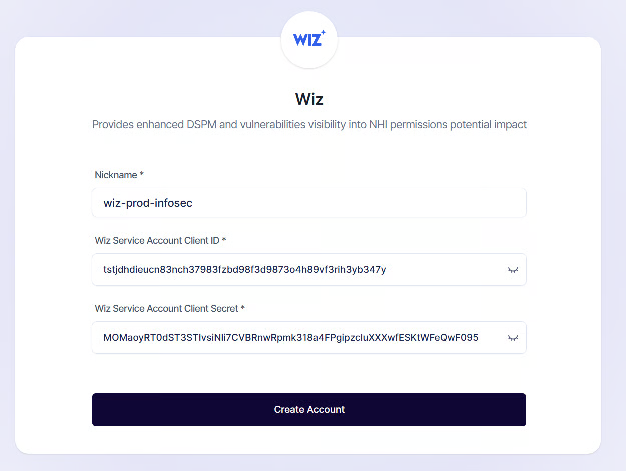 Wiz integration form with dummy credentials