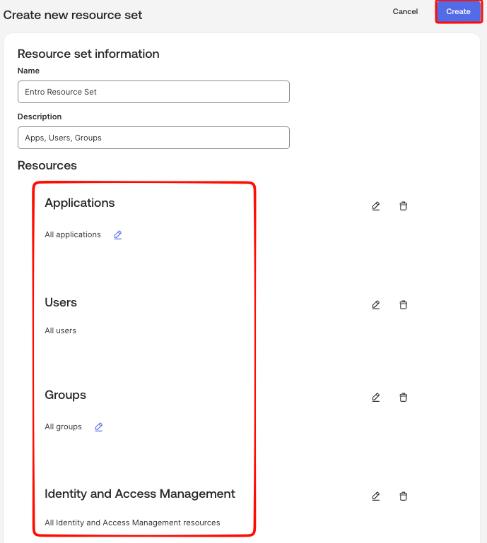 Resource set with applications, IAM, users, and groups