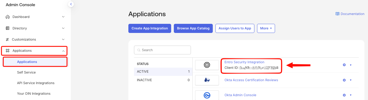 Entro Security Integration in the Applications list