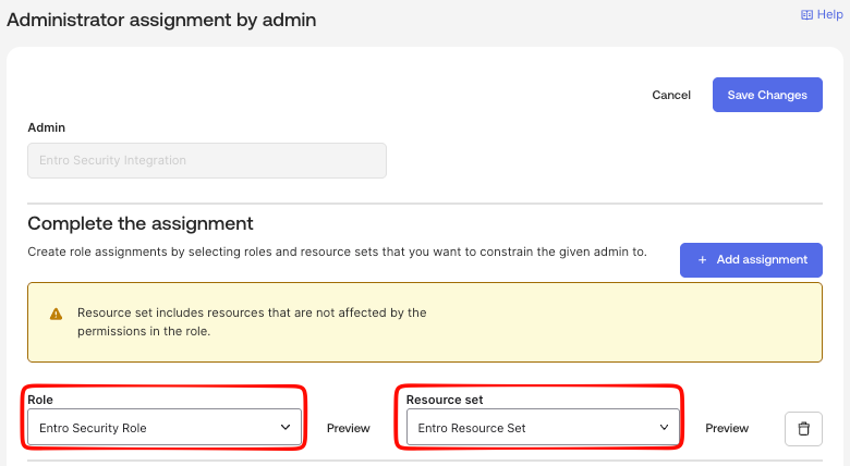 Entro Security Role assigned to the Entro Resource Set