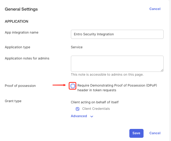 General Settings with the DPoP requirement unchecked