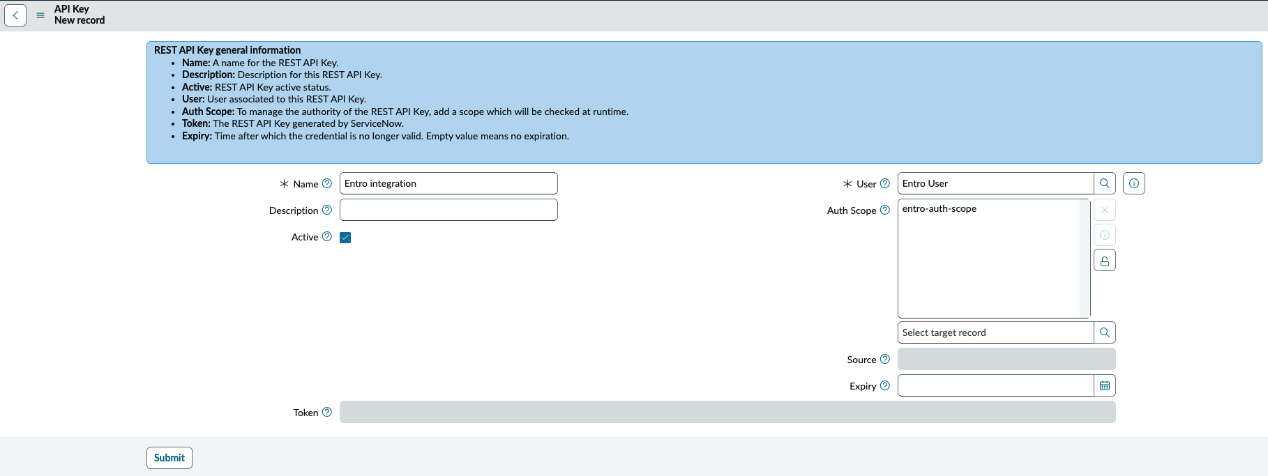 REST API key assigned to the integration user and entro-auth-scope