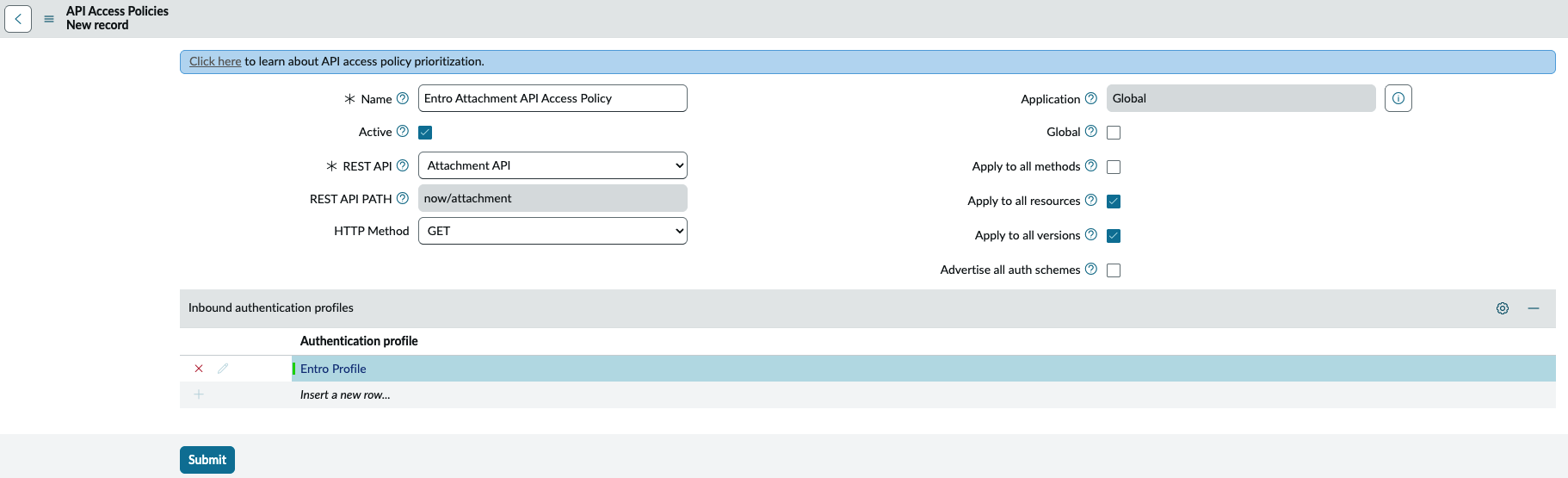 Attachment API access policy using the Entro Profile