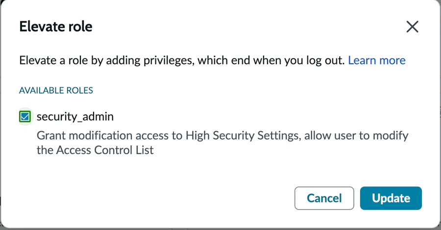 Elevate role dialog with security_admin selected