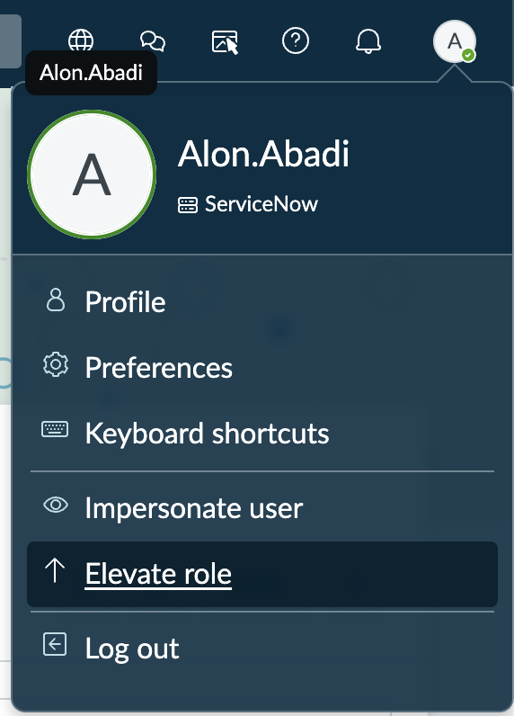 ServiceNow profile menu with Elevate role