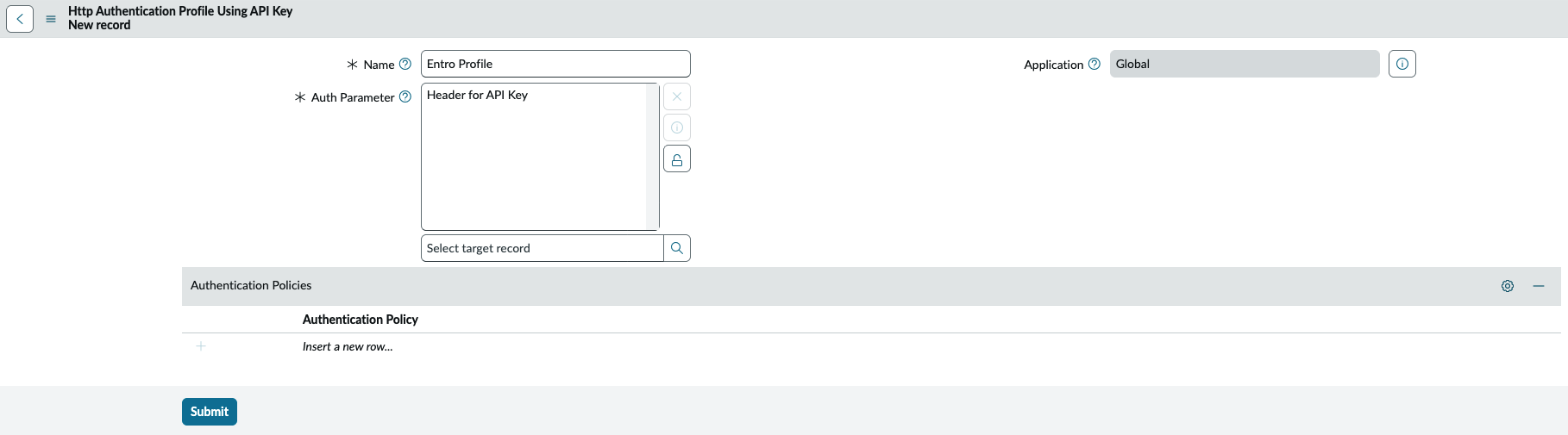 API key authentication profile named Entro Profile