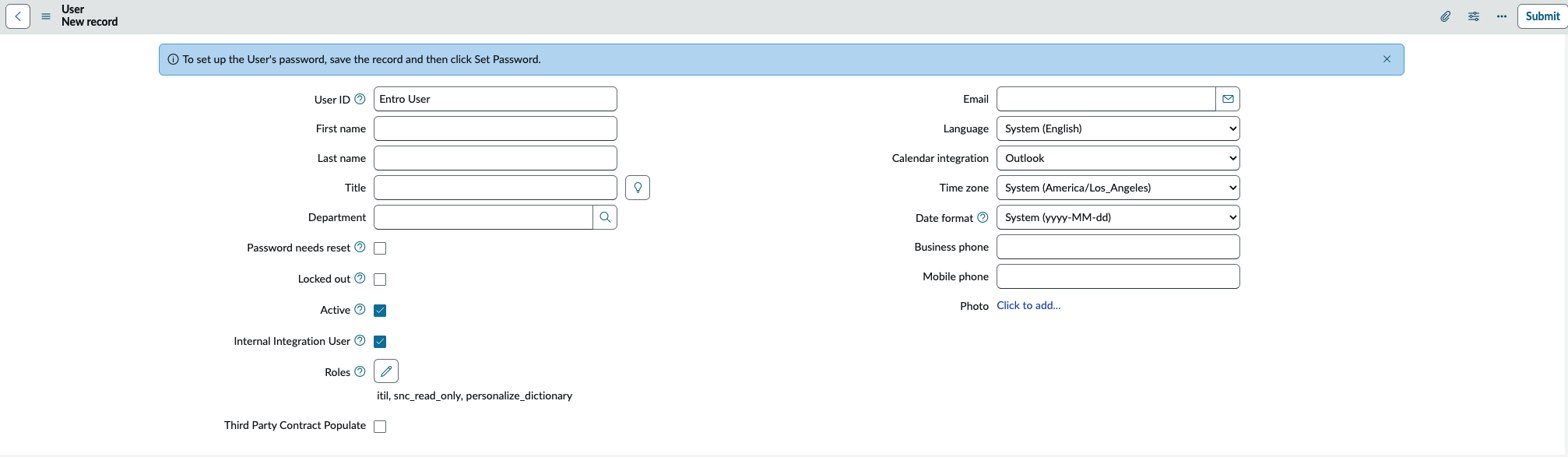 ServiceNow user record with Active and Internal Integration User selected