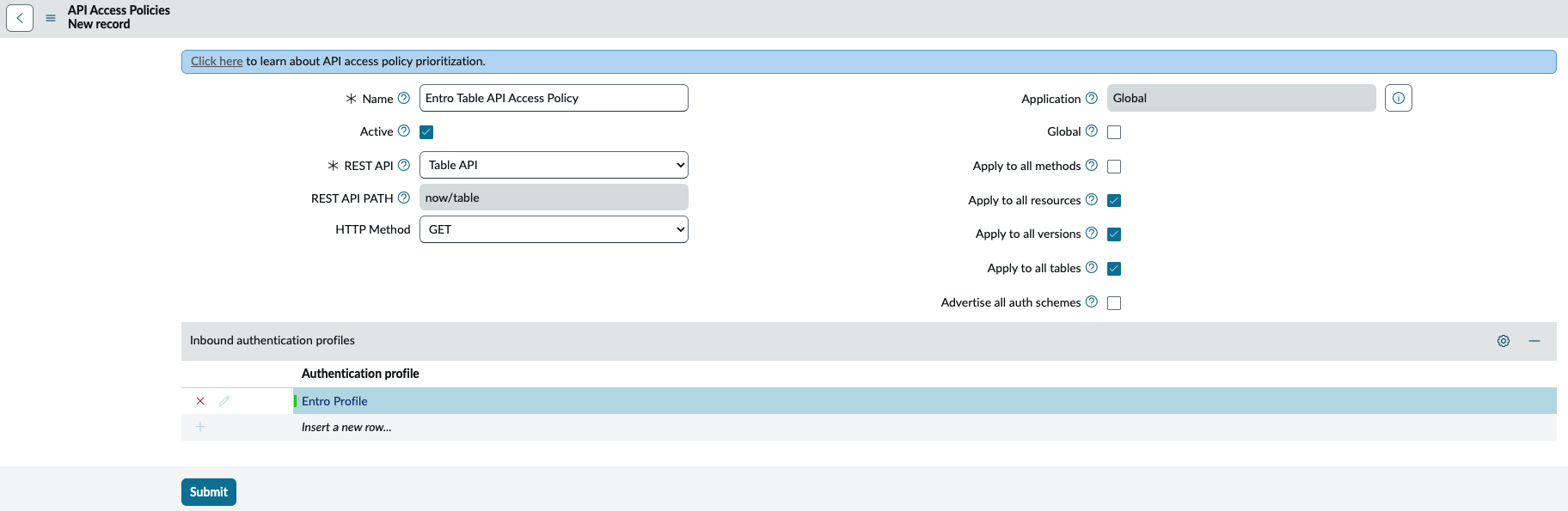 Table API access policy using the Entro Profile