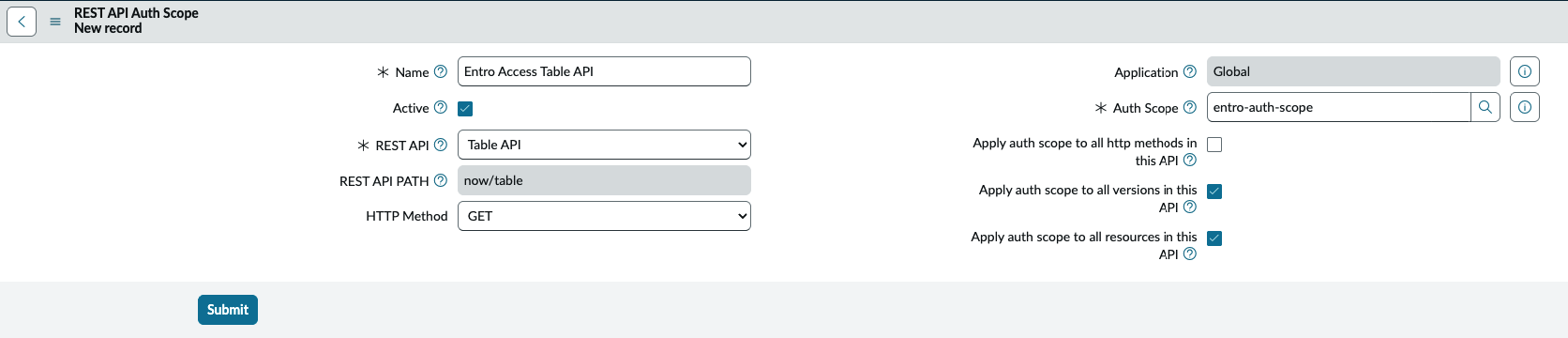 REST API auth scope for the Table API