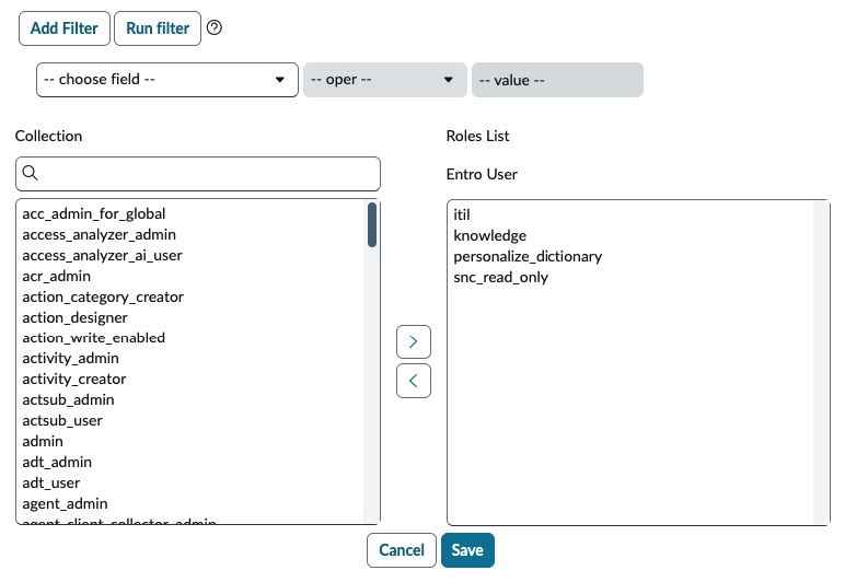 Roles assigned to the integration user