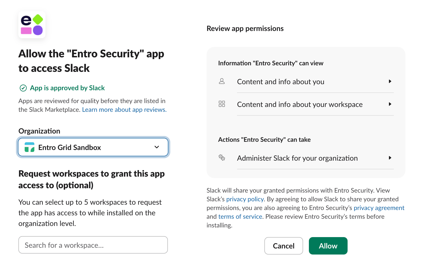 Slack authorization page for the Entro Security app, with the organization dropdown and Allow button
