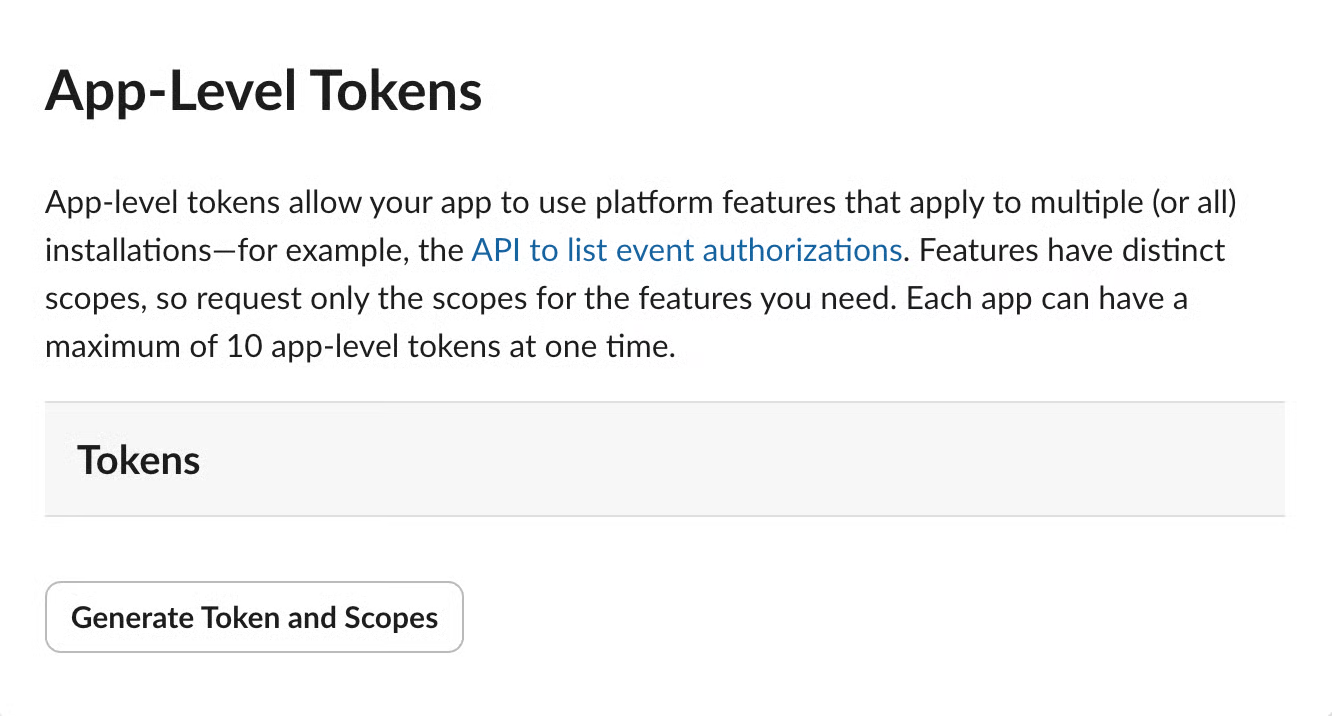 App-Level Tokens page with Generate Token and Scopes