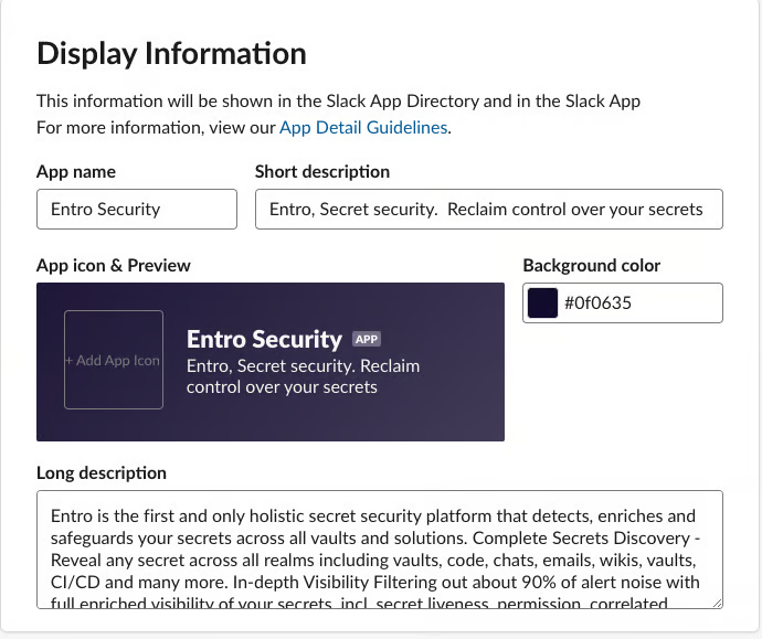 Display Information settings for the Slack app icon