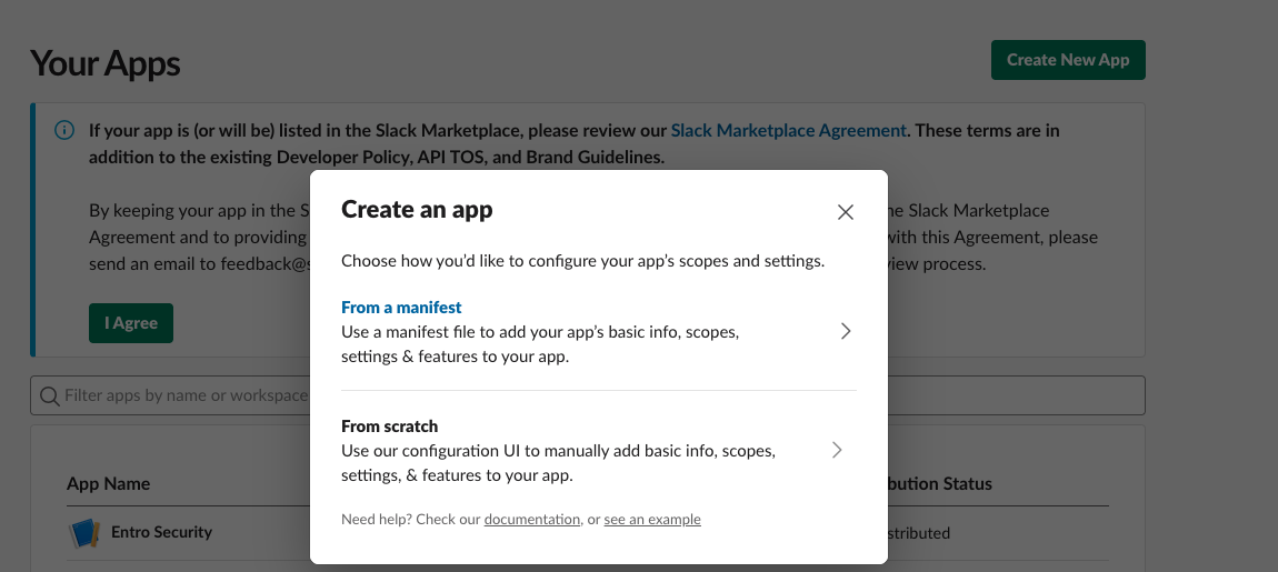 Create an app dialog with From a manifest selected