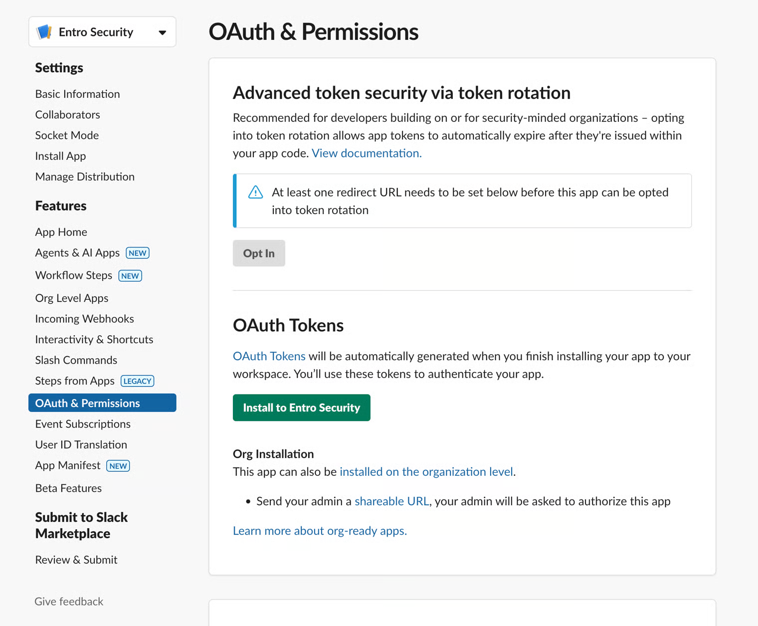 OAuth and Permissions page with Install to workspace
