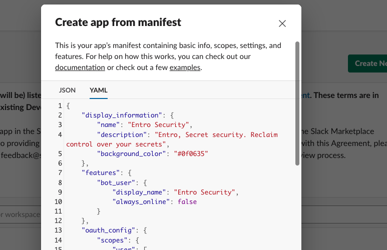 YAML manifest pasted into the Slack app