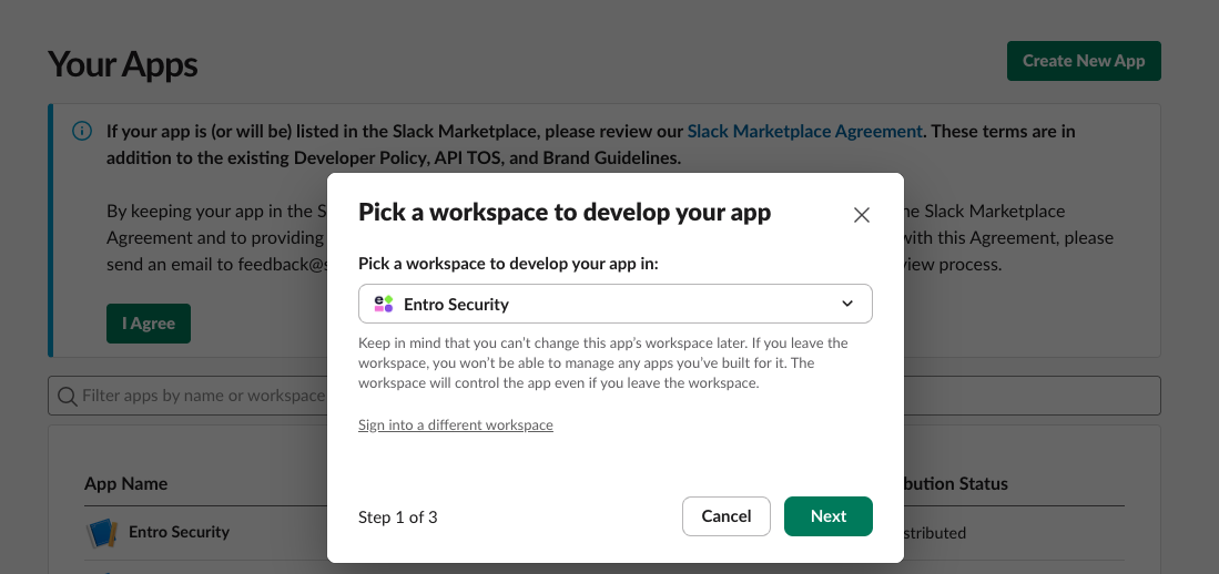Pick a workspace for the Slack app
