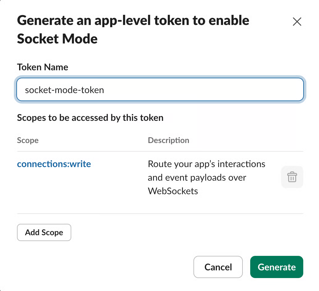 App-level token named socket-mode-token with connections:write