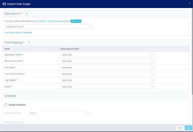 Import User Scope window with field mapping and schedule options.