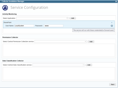 Service Configuration window