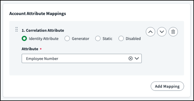The Create Account page, with the Correlation Attribute mapped to the Employee Number attribute.
