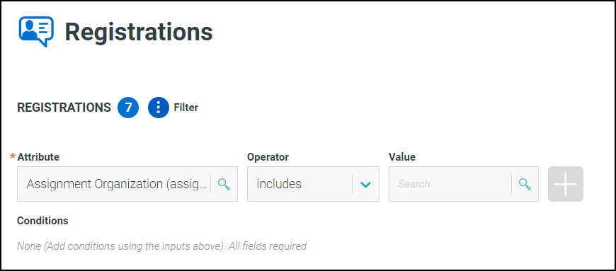 The filter for registrations. The list of applied filter conditions appears below the filter.