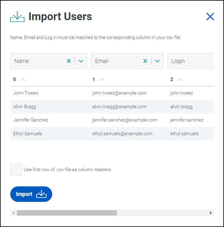 The Import Users screen. Several columns are displayed, with the data type selected above them.